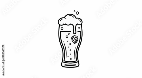 Outline illustration of a beer glass with foam, bubbles, and a hop