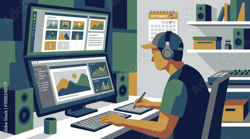 Digital Artist Working at a Professional Design Studio with Dual Monitors