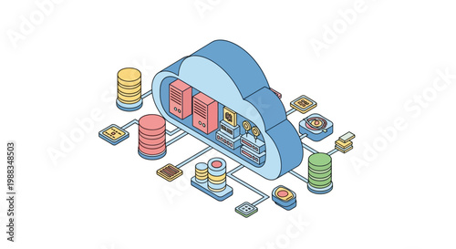 Isometric cloud computing infrastructure illustration showcasing digital data management