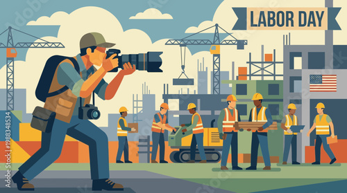 Labor Day Illustration with Photographer and Construction Workers