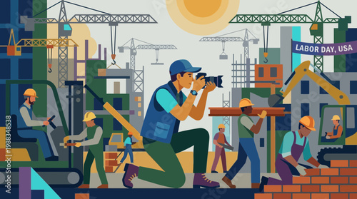 Labor Day USA Illustration of Construction Workers and Photographer