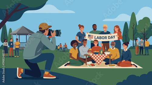 Diverse group of people celebrating Labor Day with a park picnic