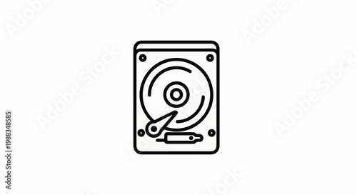 Stylized line art of a computer hard drive with platter and read/write arm