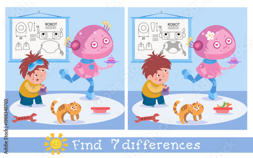 Kids vector illustration featuring find 7 differences game with cute robot boy and cat in room. Educational puzzle scene includes technical blueprints and leisure elements creating engaging activity