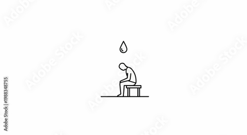 Abstract line art depicts a figure sitting on a stool with a water droplet above