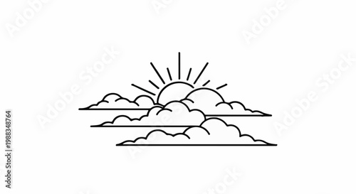 Minimalist line art of a sun rising above clouds