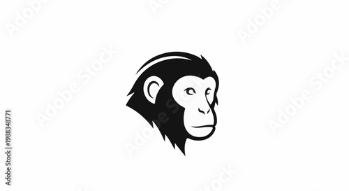 A stylized black and white illustration of a chimpanzee's head