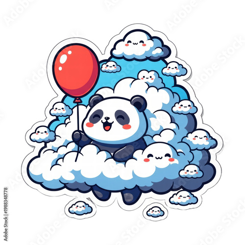 Cute cartoon panda holding a red balloon surrounded by happy clouds
