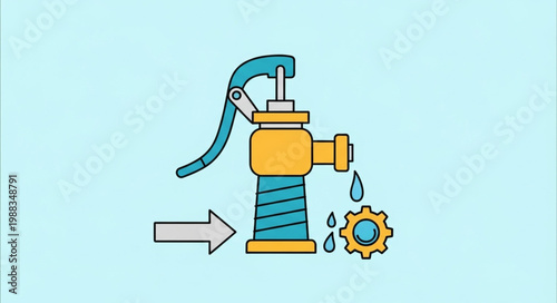 Vintage Water Pump Mechanism with Dripping Water and Arrow.