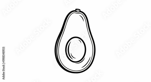 A simple black and white line drawing of a halved avocado with its pit