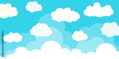 Illustration of a blue sky with white clouds in a flat style. Blue sky background and white clouds. Cartoon sky	
