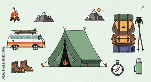 Camping and hiking gear illustration with tent and backpack.