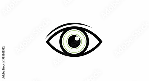 A minimalist graphic depiction of a human eye with black outlines and green circles