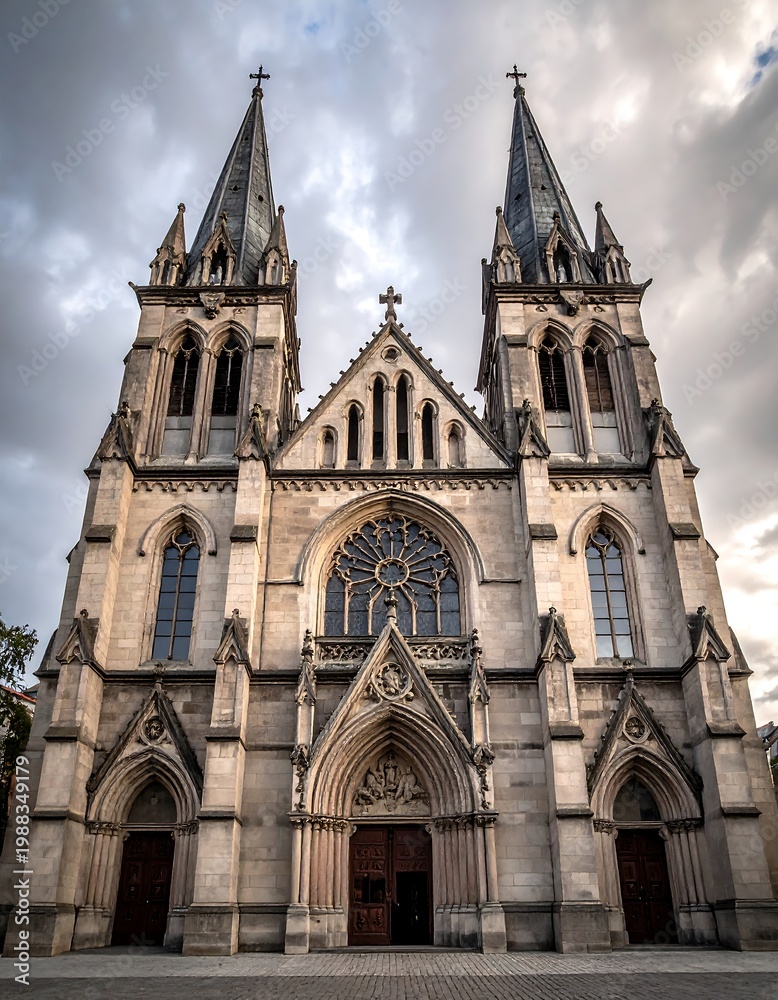 Fototapeta premium Impressive gothic cathedral under an overcast sky. Two towering spires flank the ornate fa?ade, featuring detailed stonework, arched windows, and a rose window