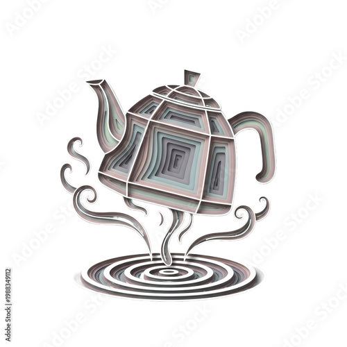Layered teapot illustration with steam and ripples