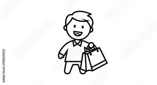 A simple line drawing of a happy person holding shopping bags