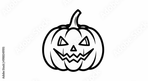 A black and white outline illustration of a carved pumpkin with a spooky face