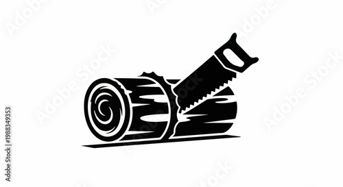 A black and white graphic illustration of a handsaw cutting into a log