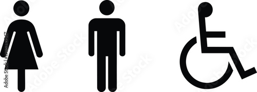 Black and white restroom sign icon showing figures for woman man and a person in a wheelchair Vector