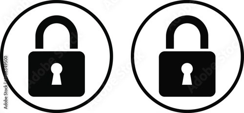 Two identical black padlock icons enclosed within circles on a clean and simple white background. Vector