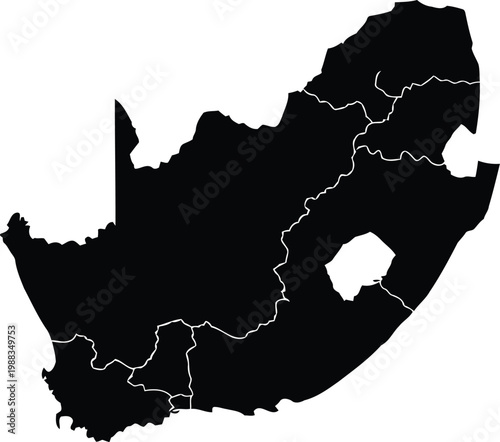 A detailed black silhouette map of south africa showing internal provincial border divisions clearly Vector