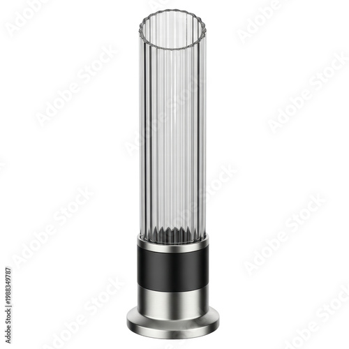Modern ribbed glass cylinder with metallic base on black background