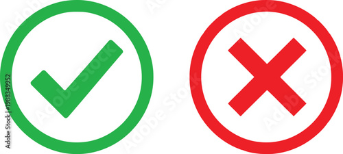 Green check mark and red cross mark symbols isolated on a plain white background for design use Vector