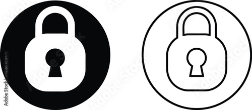 Two circular icons featuring a padlock symbol in both solid black and outlined vector styles. Vector
