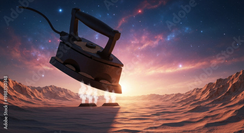 Colossal Vintage Clothes Iron Silhouetted, Ironing a Rumpled Desert Landscape Under Cosmic Twilight, Surreal Humor