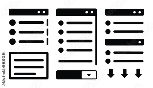Dropdown menu selection silhouette collection with expandable list option selection arrow indicator and UI navigation control elements for web interfaces