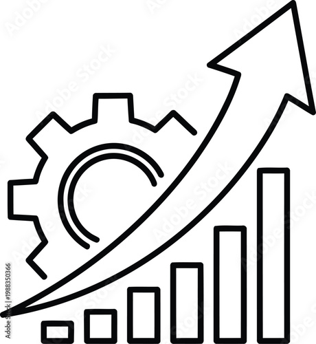 A black and white line art icon showing a gear mechanism combined with a rising growth bar chart Vector