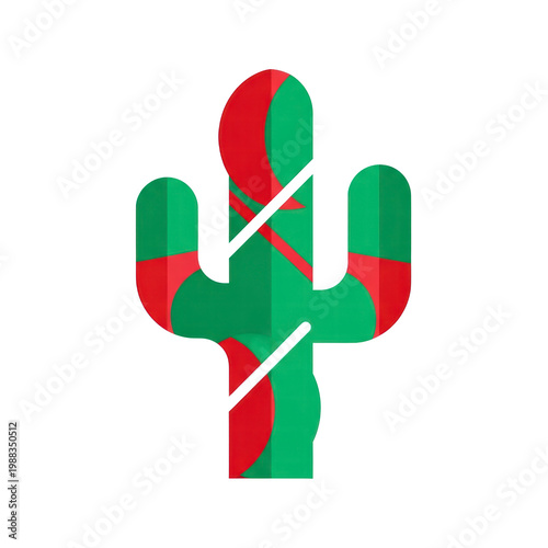 Stylized red and green cactus icon with abstract geometric design