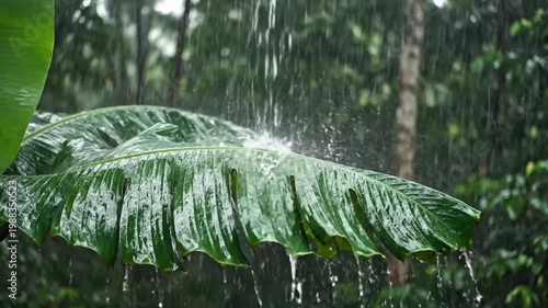 Raindrops splashing and dripping off a large vibrant green banana leaf in a lush tropical forest during a downpour.
