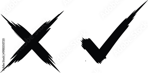 A black grunge style check mark and cross symbol isolated on a clean white background surface Vector