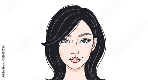 Illustration of a young woman with dark hair and striking eyes.