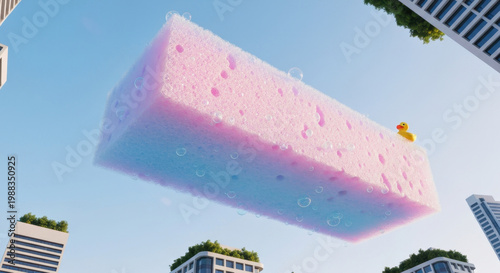 Colossal Hyperrealistic Pastel Sponge with Tiny Duck Floating Serene Over Modern City, Worm's Eye View, Absurd Humor