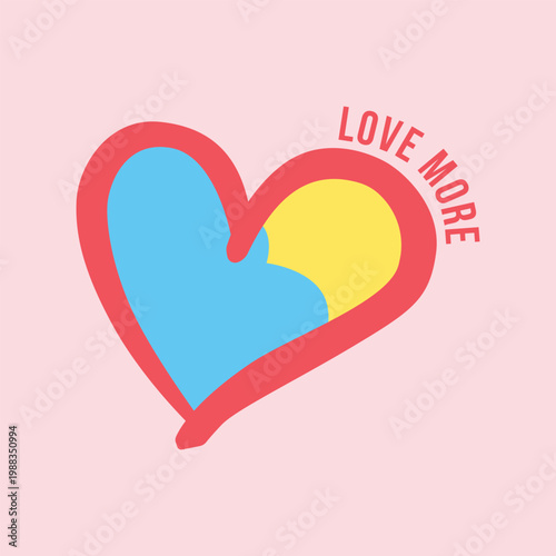 Love more typography with hand-drawn heart shape, sun, and cloud in minimalist pop art style.