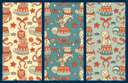 Seamless vintage pattern with lion, tiger and circus elements. Retro festive background for wrapping paper, fabric and playful decor.