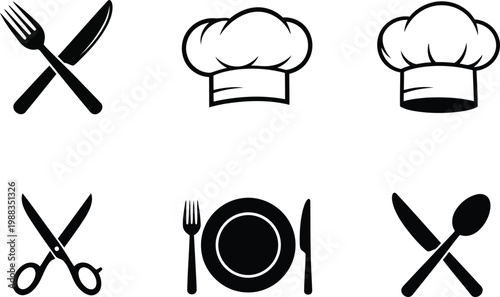 A collection of black and white culinary icons featuring chef hats and various eating utensils. Vector