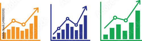 Three colorful bar charts featuring rising trend lines to represent business growth and success. Vector