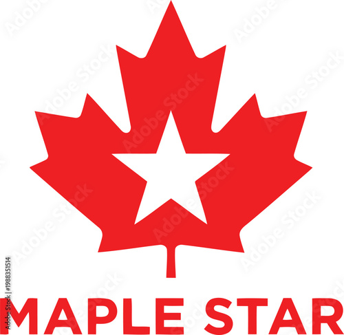 A red maple leaf logo design featuring a white star cutout in the center with text below it Vector