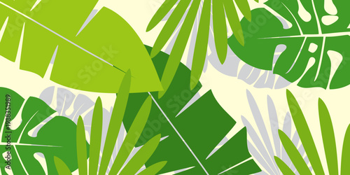 Leaves background with summer fun design concept, abstract illustration with exotic jungle leaves, colorful design, summer background, tropical leaves.Tropical leaf background, palm leaves, monstera