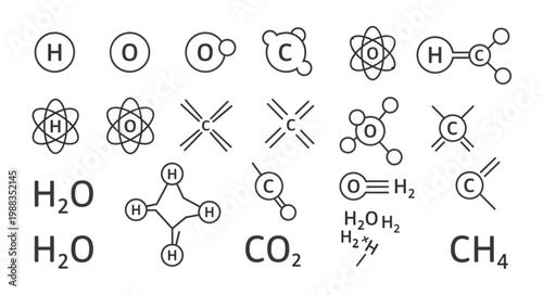 Collection of Chemical Formulas and Atomic Structures.