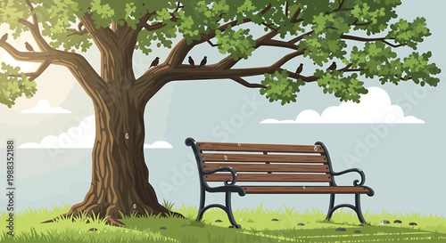 Idyllic park scene with a wooden bench beneath a large, leafy tree on a sunny day with fluffy clouds in the sky