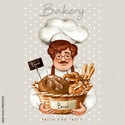 Baker in white tunic, apron and white hat, holding wicker basket with different types of bread in his hands. Imitation of pastels, hand-drawn.