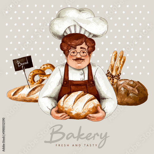 Baker in white tunic, apron and white hat, holding bread in his hands. And different types of bread. Imitation of pastels, hand-drawn.