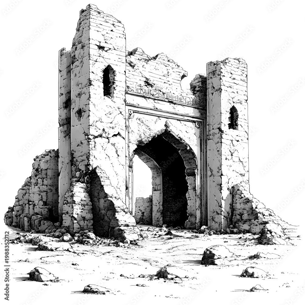 Obraz premium 2D black and white illustration of Malwa Sultanate ruins isolated on a white transparent background