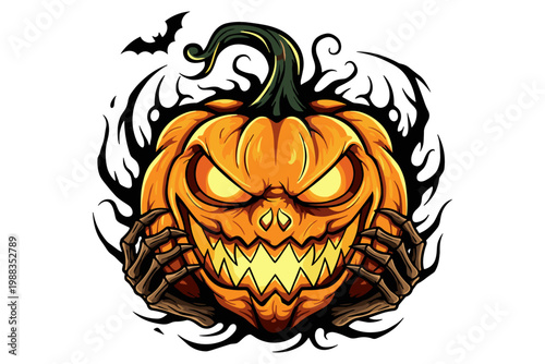 Spooky Halloween pumpkin with glowing eyes, sharp teeth, and clawed hands, surrounded by swirling dark smoke and a flying bat for a terrifying holiday celebration