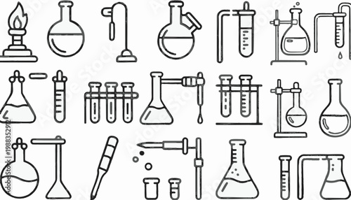 Chemistry Laboratory Equipment Icons Set, Science Research and Chemical Experiment Line Art Vector