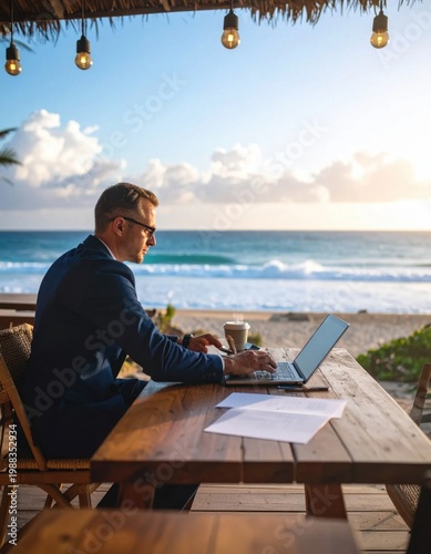 Businessman working on laptop at beachside wooden table, digital nomad remote lifestyle, professional travel, vacation work balance, ocean view